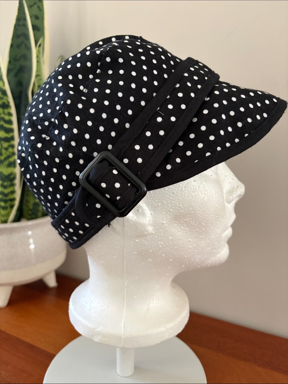 Polka Dot Sun Buckle Paperboy Cap Hat - Black & White